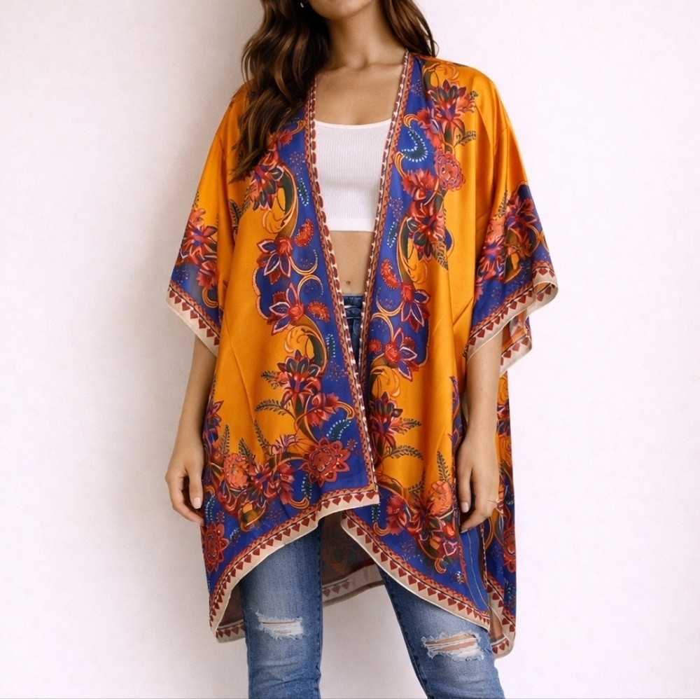 CATO Satin Floral Orange Blue & Red Kimono